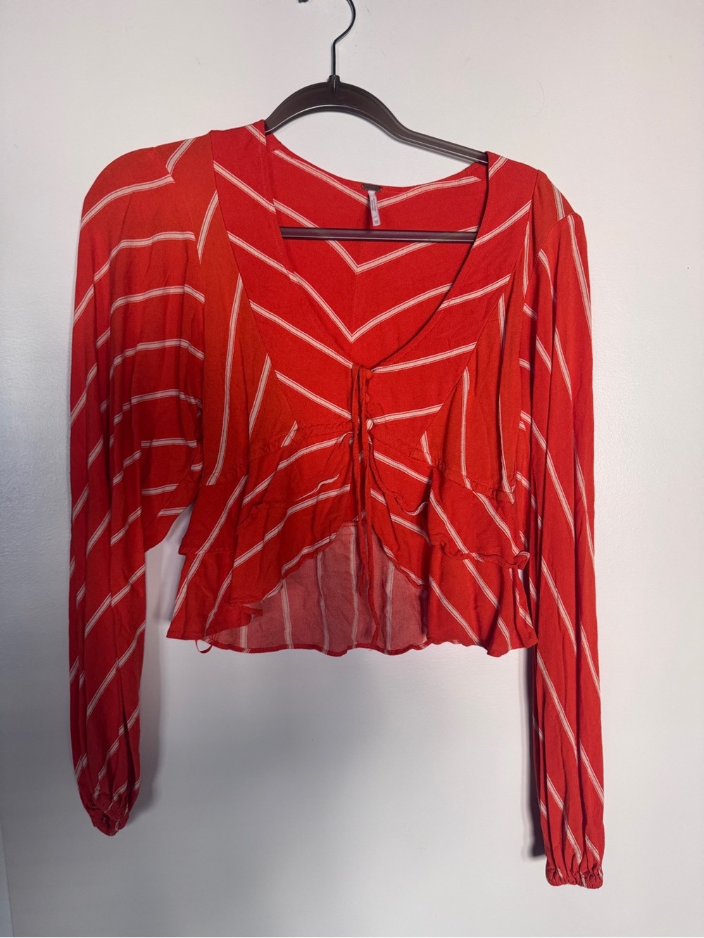Free People Orange and White Striped Crop Top with Balloon Sleeves